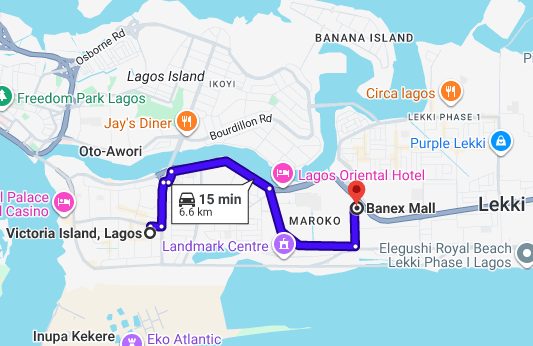 Map depciting directions from Victoria Island to Banex Mall Lekki