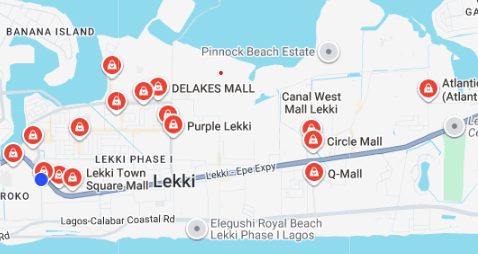 Maps showing different shopping malls in lekki